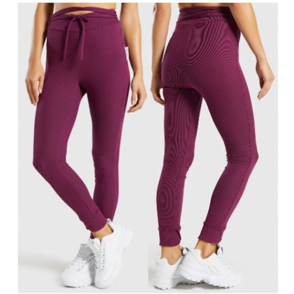 Gymshark Pants - GYMSHARK Slounge Ribbon Bottoms Dark Ruby Marl Tie Waist Ribbed Soft Legging XS